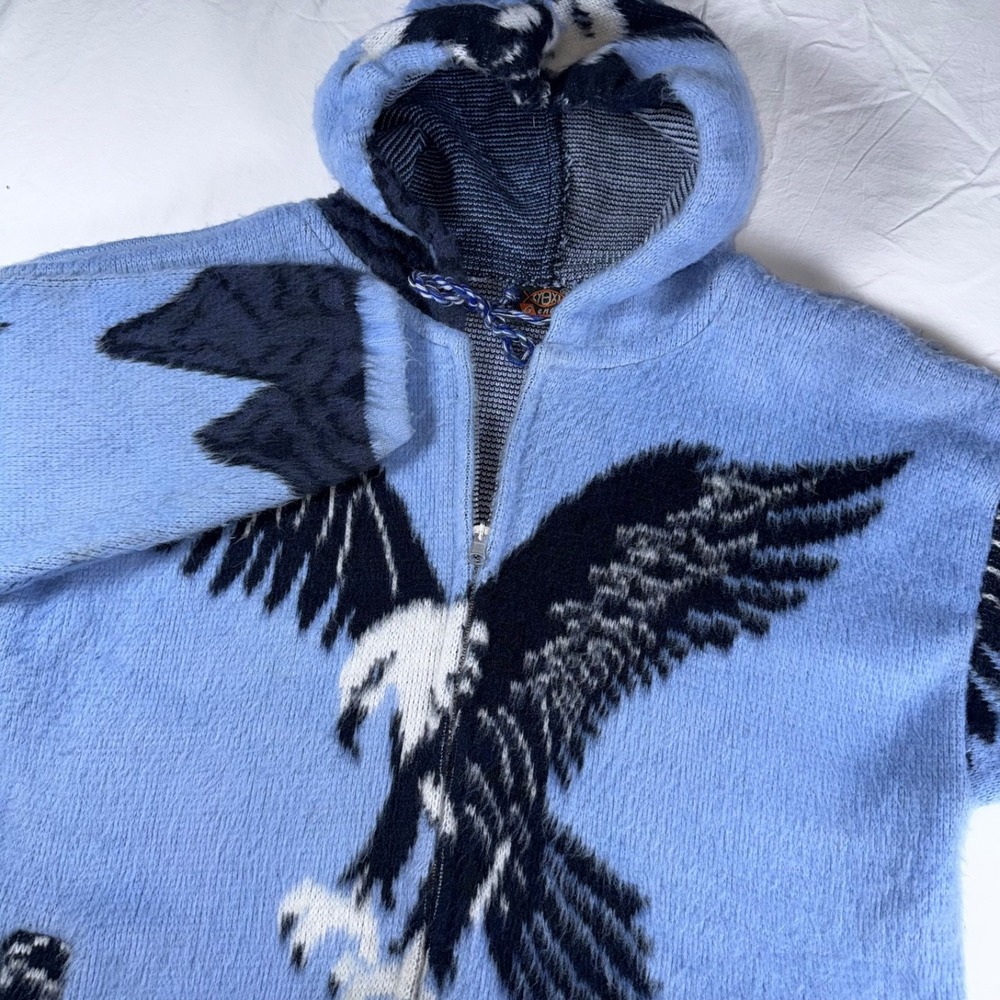 Vintage‎ 90s Genesis Eagle Ecuadorian Knit Full Zip Hooded Fuzzy Sweater Mens XL